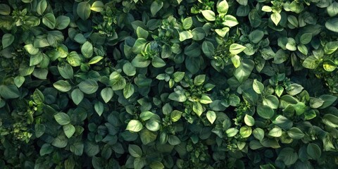 Lush green bush texture with varying shades of green leaves densely packed in an overhead view showcasing natural foliage and vibrant colors