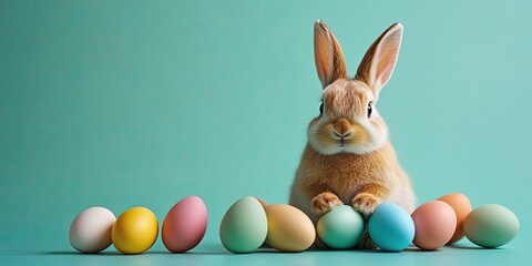 Adorable bunny sitting on pastel-colored eggs in a row against a solid mint green backdrop offering ample copy space for Easter themes.