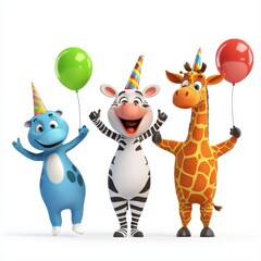 Fototapeta premium Happy Cartoon Animals Celebrating with Balloons and Party Hats