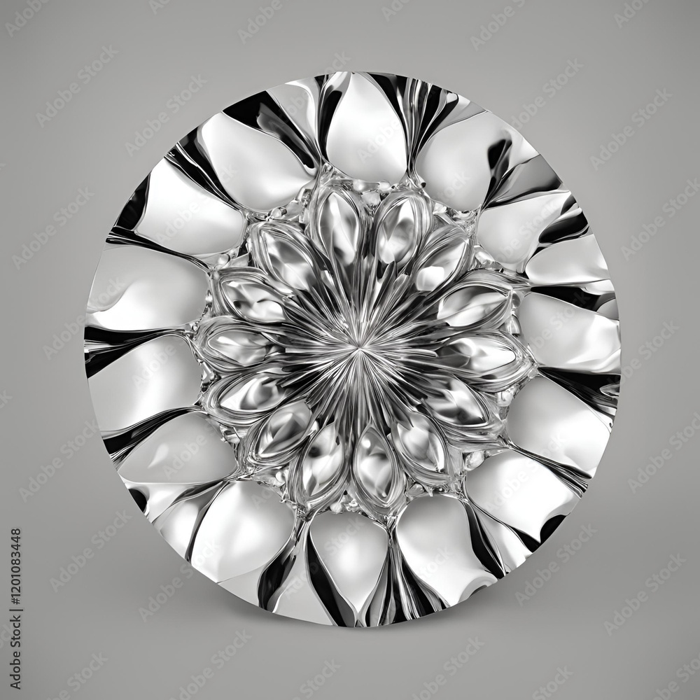 Poster a shiny, intricate metallic flower design with smooth reflective surfaces, creating a dynamic and so