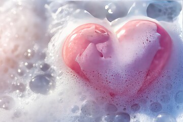 Fototapeta premium A beautifully captured heart drawing in soft soap foam, surrounded by bubbly textures under natural light.