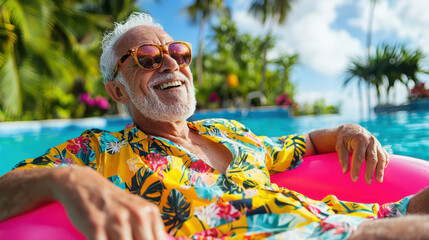elderly man joyfully relaxing on pink float in tropical pool, wearing sunglasses and colorful shirt