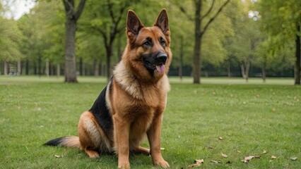 Red and black german shepherd dog in the park
