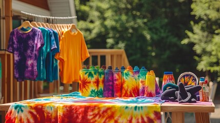 Fototapeta premium A vibrant outdoor tie-dye station with T-shirts, dyes, and gloves