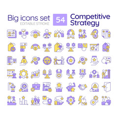 Competitive strategy RGB color icons set. Comparing business advantage to best competitors. Company growth. Isolated vector illustrations. Simple filled line drawings collection. Editable stroke