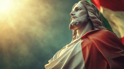 Obraz premium Majestic statue of Christ stands tall, draped in the vibrant colors of the Italian flag. Sunlight filters through clouds, creating a heavenly atmosphere in this serene location.