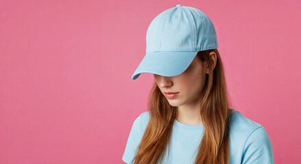 Naklejka premium A young woman wearing a plain pastel blue baseball cap and pastel blue T-shirt. Lady girl with long hair. Plain pink background