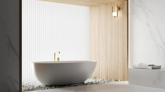 3d Render of modern bathroom with white marble and wood walls. White bathtub and white stones on the floor. Natural light. Wall metalic lamp.
