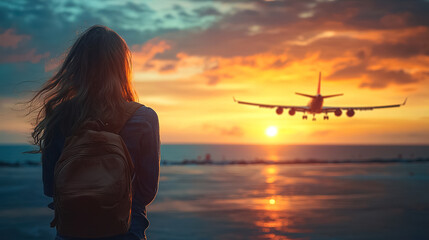 Passenger watches airplane landing at sunset near coastline with vivid orange and purple sky. Generative AI