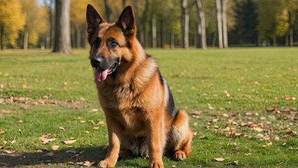 Red and black german shepherd dog in the park