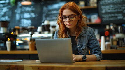 Fototapeta premium Young woman works on laptop in a cozy coffee shop surrounded by brewing equipment and a warm atmosphere. Generative AI