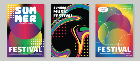 Summer party music poster background vector set. Electro Sound Cover template with vibrant circle shapes, spiral colorful, dot pattern. Hot summer design for social media, party, music festival.