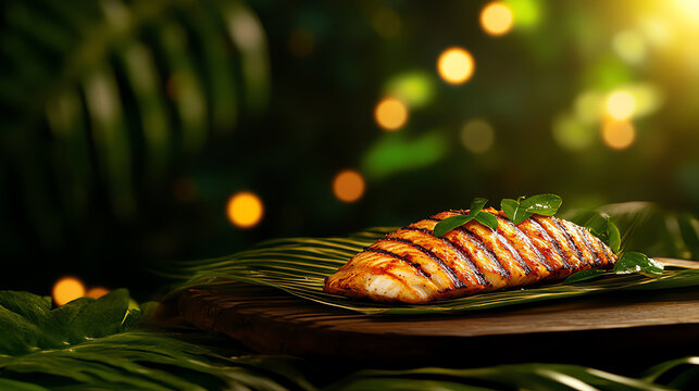 Indian Kerala Karimeen Pollichathu grilled fish, wrapped in banana leaves and styled in a tropical backwater setting, [South Asian seafood, artisanal cooking]