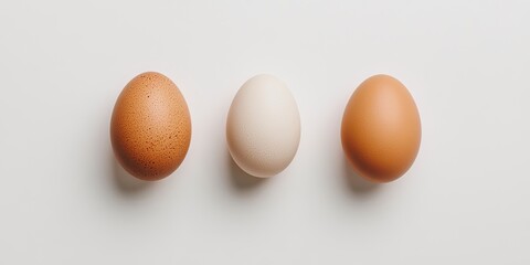 Three eggs arranged in a row featuring a brown speckled egg on the left, a smooth white egg in the center, and a brown egg on the right against a light background.