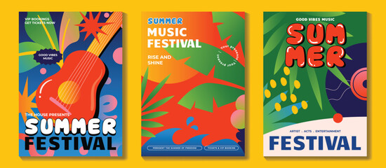 Obraz premium Summer party music poster background vector set. Electro Sound Cover with vibrant organic shapes, colorful, sea wave, tropical leaf, guitar, music disk. Design for social media, party, music festival.