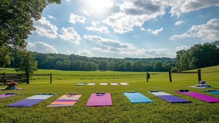 A vibrant outdoor yoga class with mats arranged in a sunny meadow