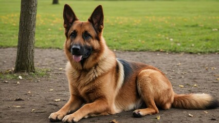 Red and black german shepherd dog in the park