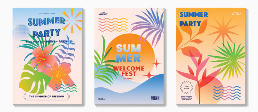 Summer party music poster background vector set. Electro Sound Cover with vibrant color, colorful, sea wave, tropical plant, sun, firework. Hot summer Design for social media, party, music festival.