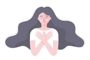 A woman doing the butterfly hug for treat trauma in mental health concept.