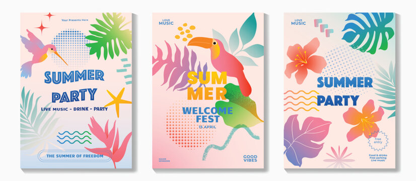Summer party music poster background vector set. Electro Sound Cover with vibrant color, hornbill, sea wave, tropical plant, sun, flower, bird. Summer Design for social media, party, music festival.