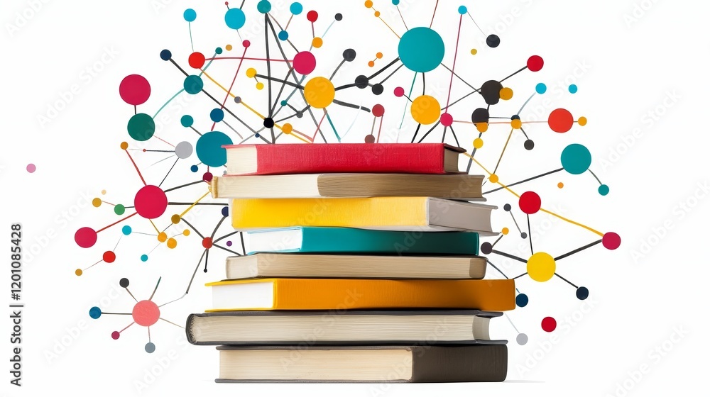 Poster colorful stack of books with exploding network of knowledge connections