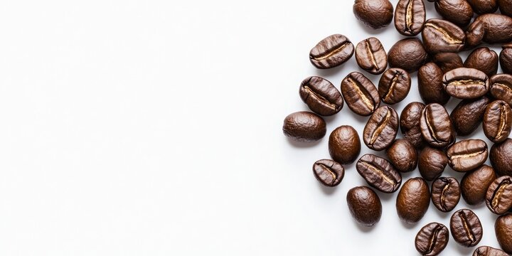 Glossy roasted coffee beans positioned at the bottom left corner on a white background creating ample negative space for text or design elements
