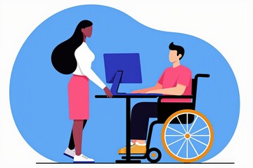 Empowering Diversity in the Workplace: A Woman Assisting a Man in a Wheelchair Using a Computer