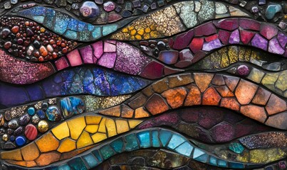 Iridescent mosaic patterns form layered, colorful waves.
