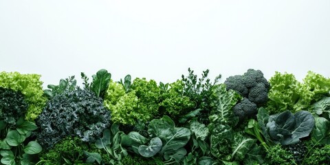 Vibrant green vegetables arranged along the bottom with a blank white space above for text including kale broccoli spinach and romaine lettuce