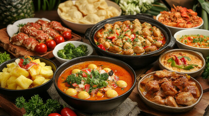 Dutch cuisine with salmon and egg salad, tomato soup with bitterballens, pea soup snert, stamppot potato with sausage, bean soup, diced beef with vegetables, soup with herbs, meat salad with pineapple