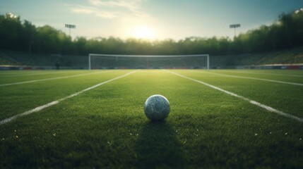 Soccer ball placed on a grass field, surrounded by a stadium backdrop under a cloudy sky, symbolizing sports and competition
