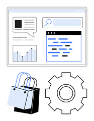 Web interface with search bar, analytics graph, code snippets, shopping bags, and gear icon. Ideal for online shopping, analytics, coding, marketing system optimization technology abstract line