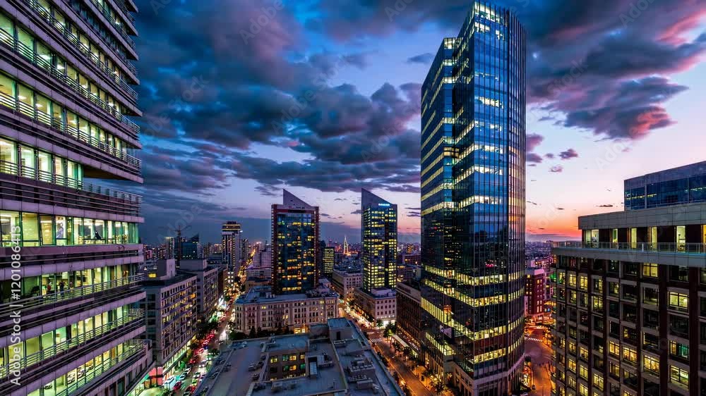Aufkleber stunning city skyline illuminated at dusk with vibrant clouds and modern architecture