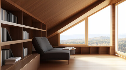 Fototapeta premium A modern attic room with slanted ceilings, a cozy reading nook, and a large window showcasing breathtaking mountain views. A perfect retreat for relaxation.