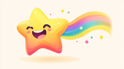Cartoon cute funny kawaii star and twinkle character with colorful rainbow trail. Isolated vector cheerful celestial toon emanating joy and positivity with its adorable, happy expression and smile