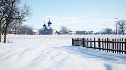 Snowy church and winter field