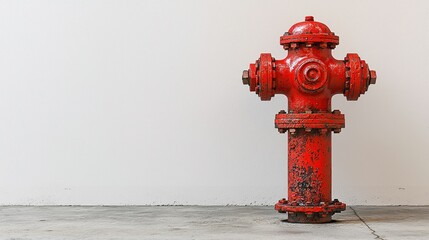 Fototapeta premium Red fire hydrant against white wall, urban safety