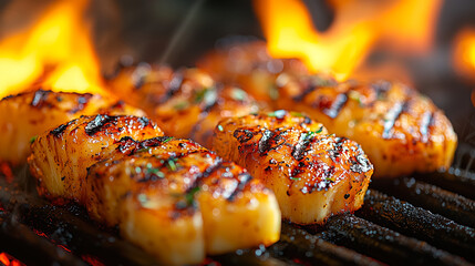Grilled scallops on a barbecue grill with flames rising, showcasing a delicious seafood dish cooked outdoors. Generative AI