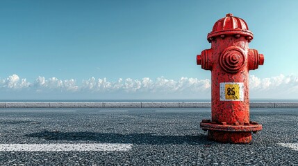 Red fire hydrant roadside, ocean view, sunny day, safety