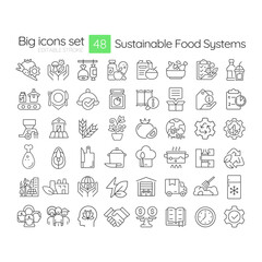 Sustainable food systems linear icons set. Ecology preservation, waste recovery. Production, consumption. Customizable thin line symbols. Isolated vector outline illustrations. Editable stroke
