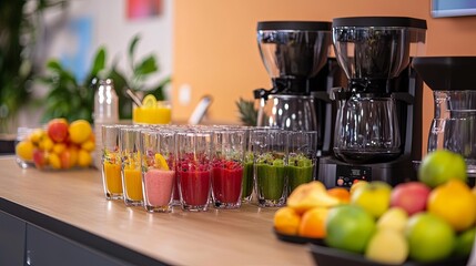 A vibrant smoothie workshop with fresh fruits, blenders, and glasses ready to serve