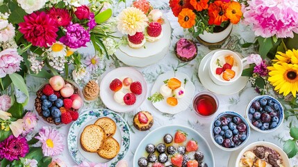 A vibrant spring garden party with colorful flowers, tea, and fresh desserts