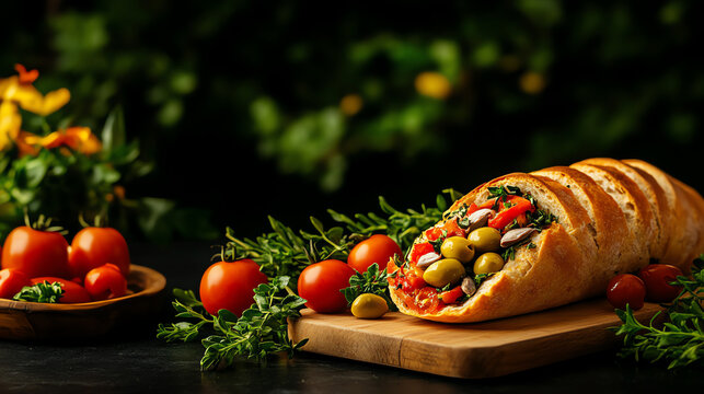 Italian Pani Cunzatu stuffed bread, bursting with olives, tomatoes, and anchovies, styled in a Sicilian seaside setting, [Mediterranean snacks, artisanal comfort food]
