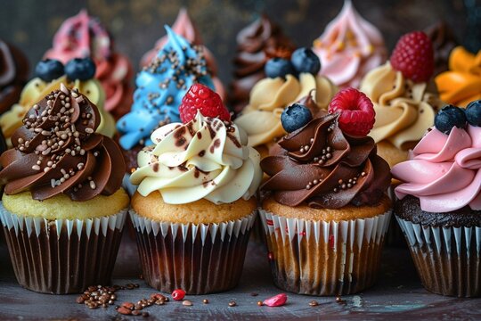 Display of elegant cupcakes decorated with fruit and artistic toppings in a festive arrangement.