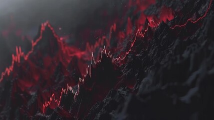Red financial chart with ascending line on dark background, representing stock market growth