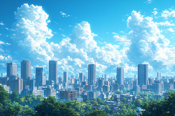 Naklejka premium Bright Blue Sky and Modern Skyline in Anime Background Style