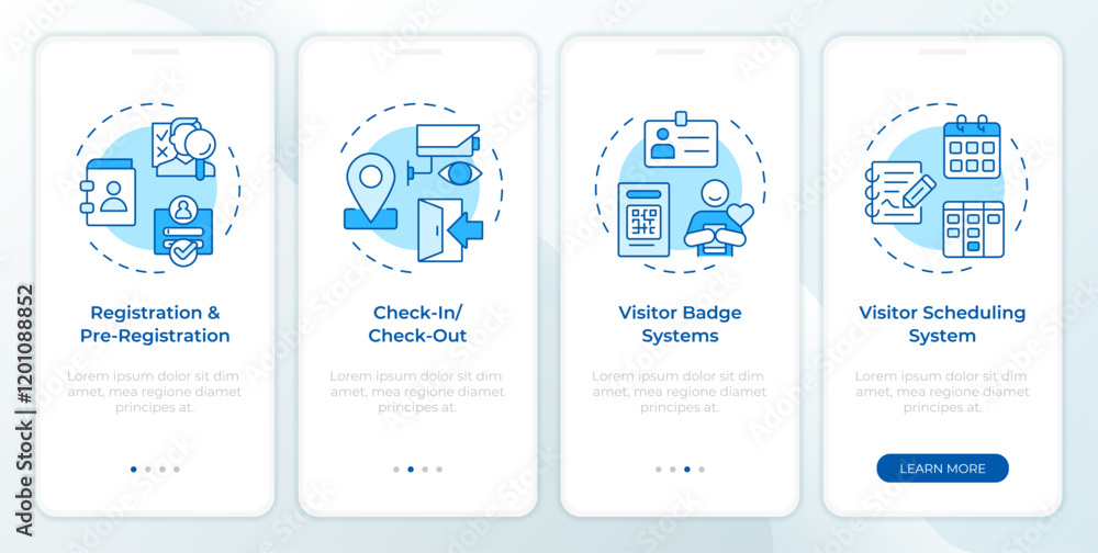 Poster vms blue onboarding mobile app screen. visitor management. walkthrough 4 steps editable graphic inst