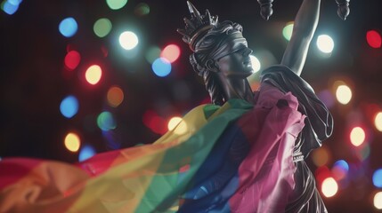Fototapeta premium Statue of Justice - symbol of law and justice with lgbt flag. Lgbt rights and law Stock Photo photography