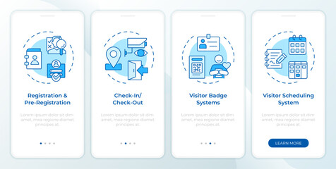VMS blue onboarding mobile app screen. Visitor management. Walkthrough 4 steps editable graphic instructions with linear concepts. UI, UX, GUI template. Montserrat SemiBold, Regular fonts used