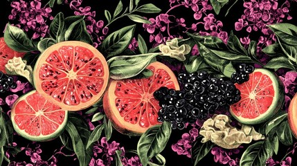 Vibrant Grapefruit, Blackberry, and Lilac Floral Pattern